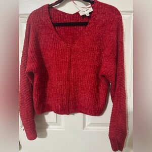 Winter Ready w/Pink Rose - Cozy Red Metallic V-Neck Sweater